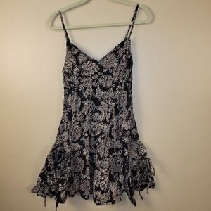 Charlotte Russe Floral Mini Dress Women Small Black White Cotton Tie Ruched Sund